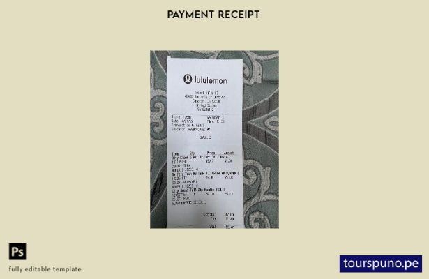 Plantilla de recibo de pago de tienda Lululemon de EE. UU. lista para imprimir